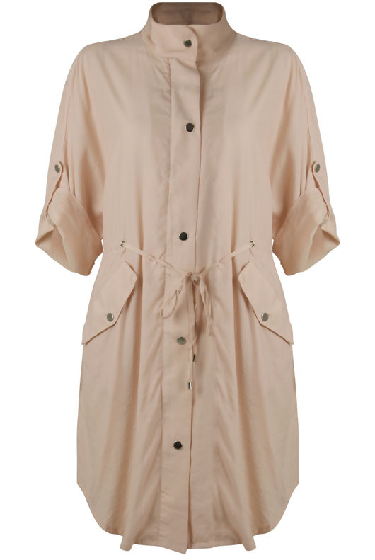 Beige Tie Waist Cross Pocket Shirt Dress