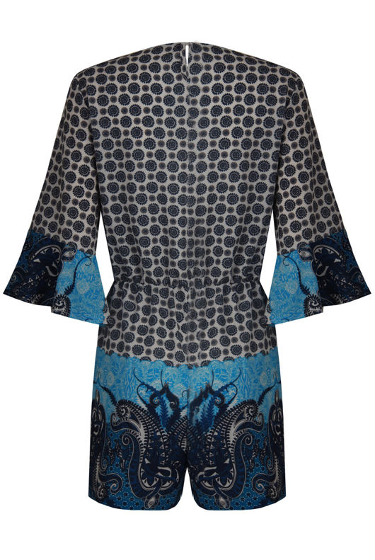 Blue Printed Cross Over Wing Sleeve Playsuit