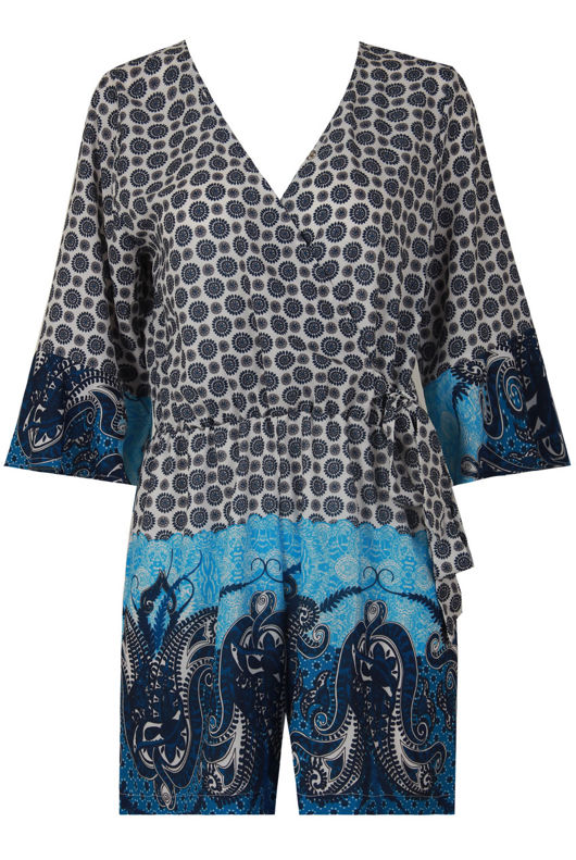 Blue Printed Cross Over Wing Sleeve Playsuit