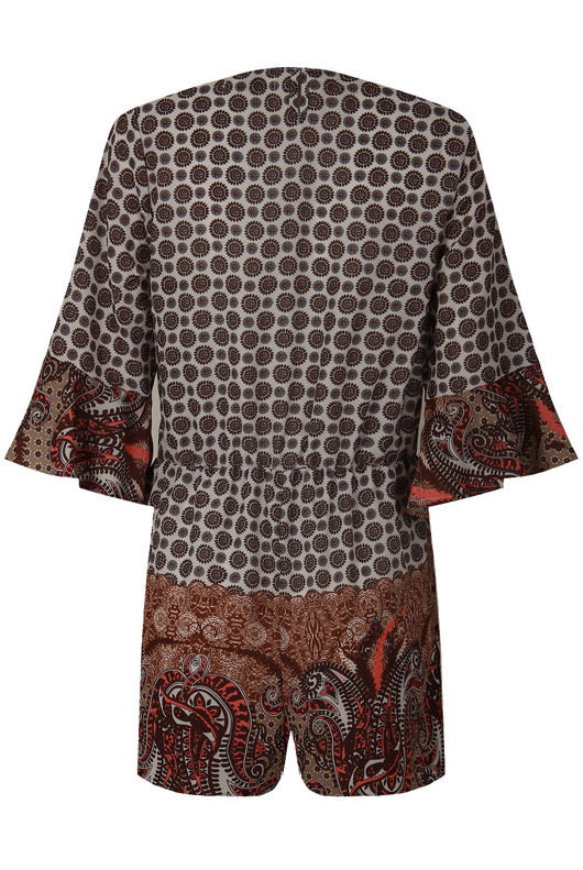 Brown Printed Cross Over Wing Sleeve Playsuit