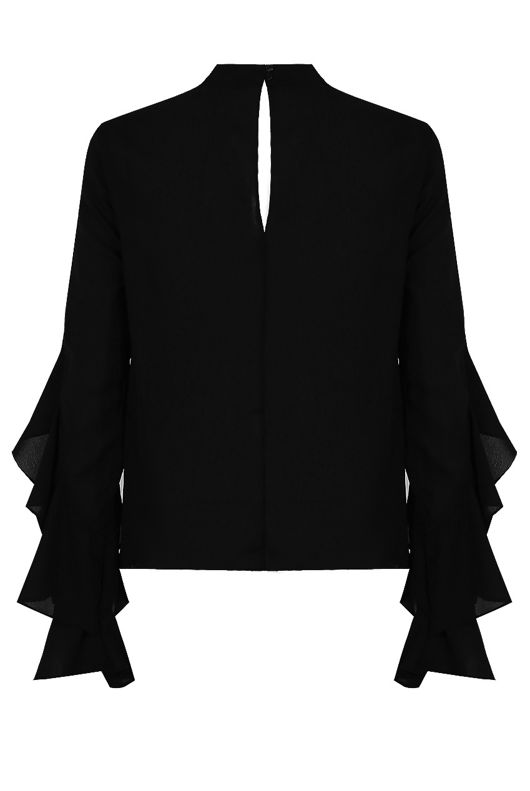 Black Ruffle Long Sleeve Satin Blouse