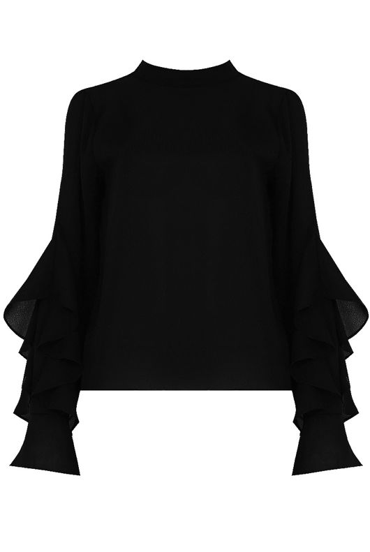 Black Ruffle Long Sleeve Satin Blouse