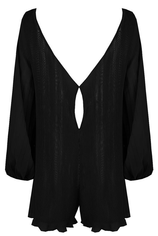 Black Pleated Back Button Up Playsuit 