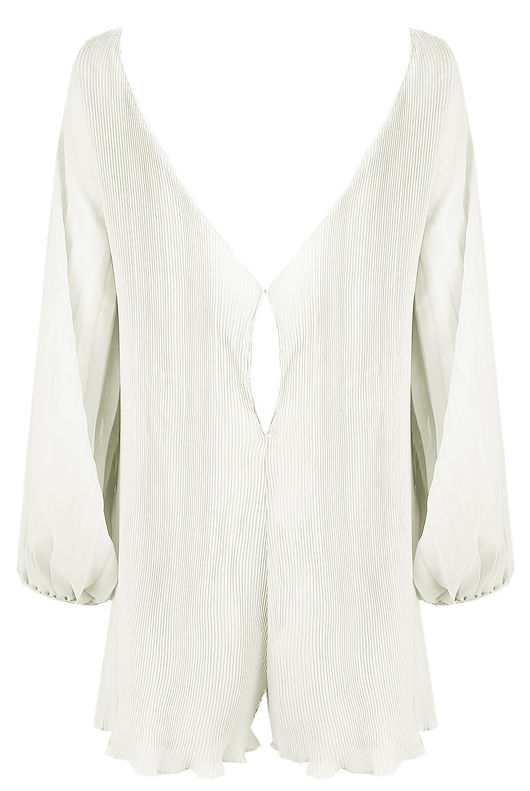 White Pleated Back Button Up Playsuit 