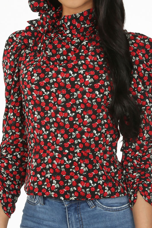 Black Contrast Floral Print Knotted High Neck Tops