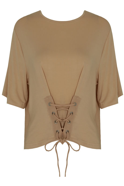Beige Front Lace Tie Up Crop Tops