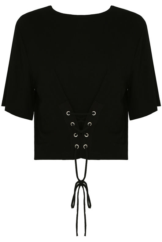 Black Front Lace Tie Up Crop Tops