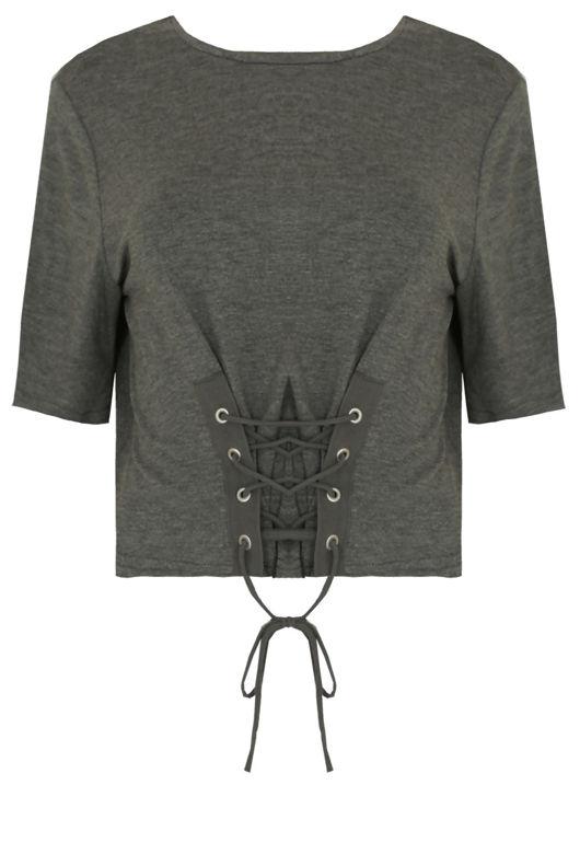 Grey Front Lace Tie Up Crop Tops