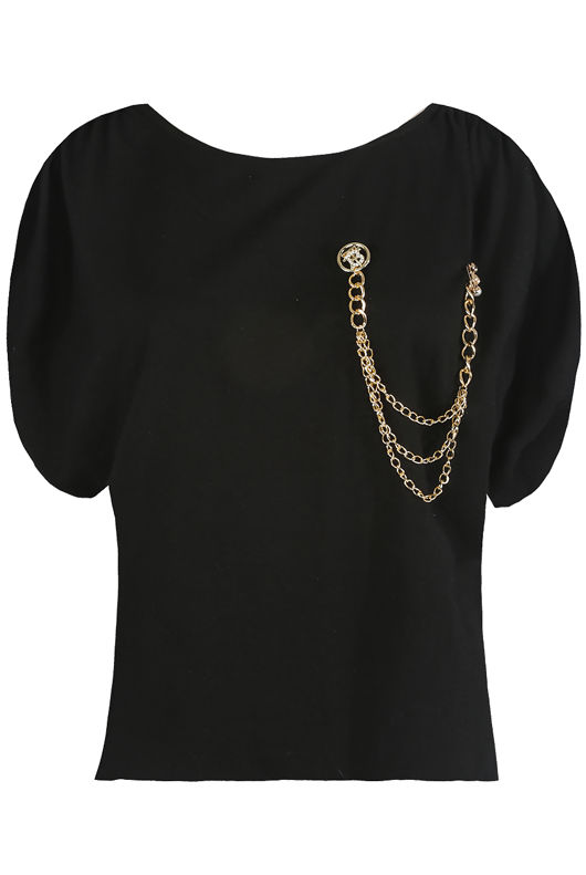Black Gold Chain Trim Ruched Shoulder Top