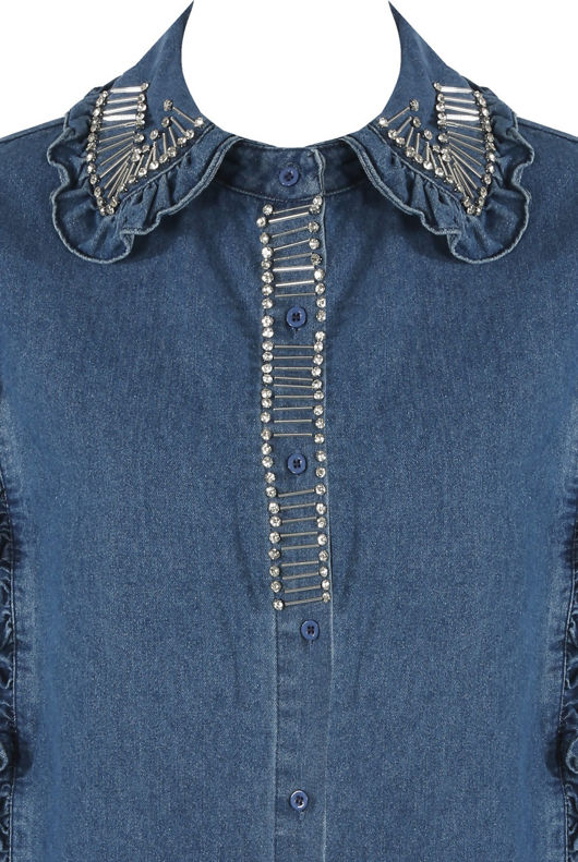Diamante Trim Pleated Shoulder Denim Jacket