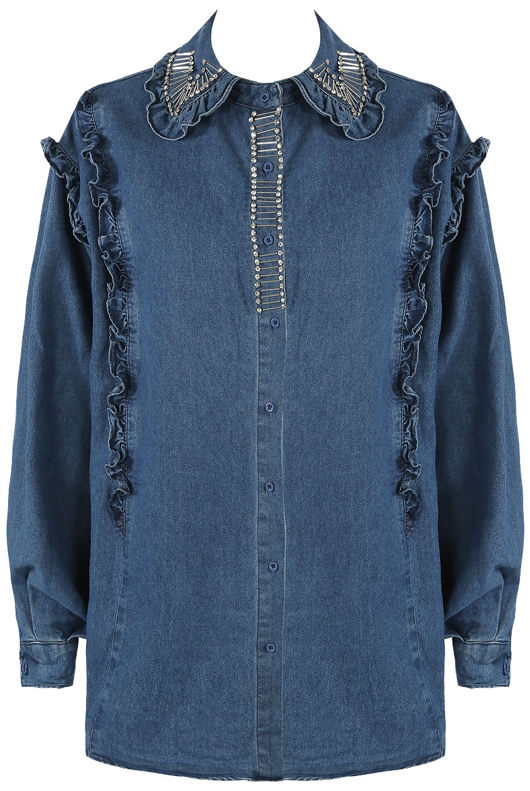 Diamante Trim Pleated Shoulder Denim Jacket