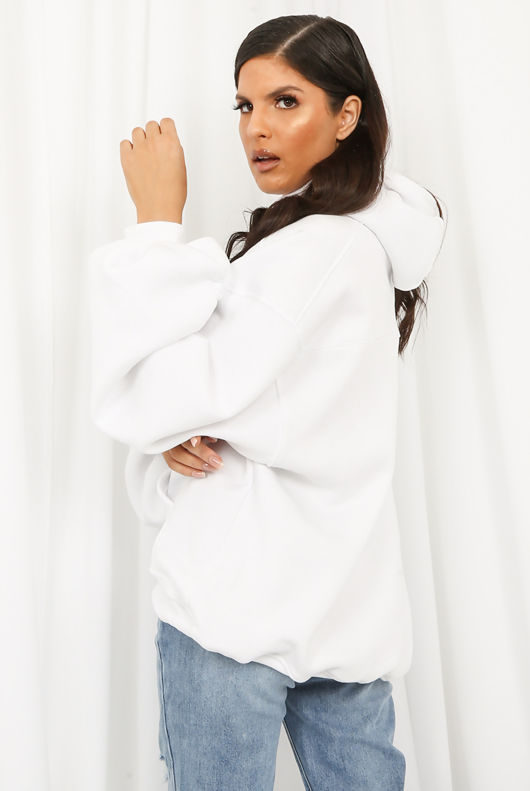 White Ruched Sleeve Hooded Jumper 