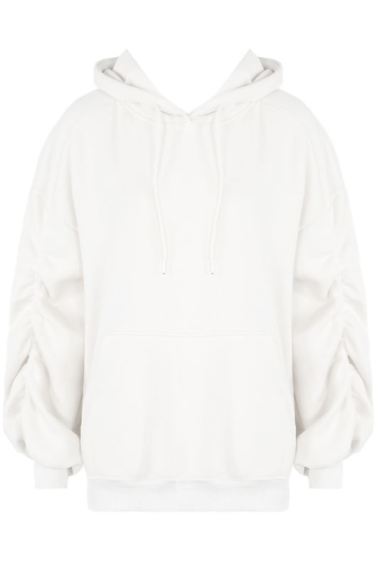 White Ruched Sleeve Hooded Jumper 