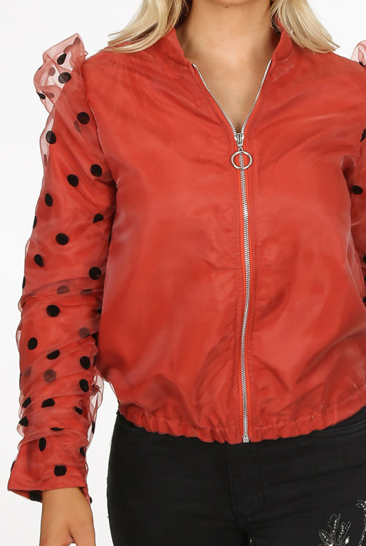 Rust Polka Dot Mesh Sleeve Bomber Jacket 