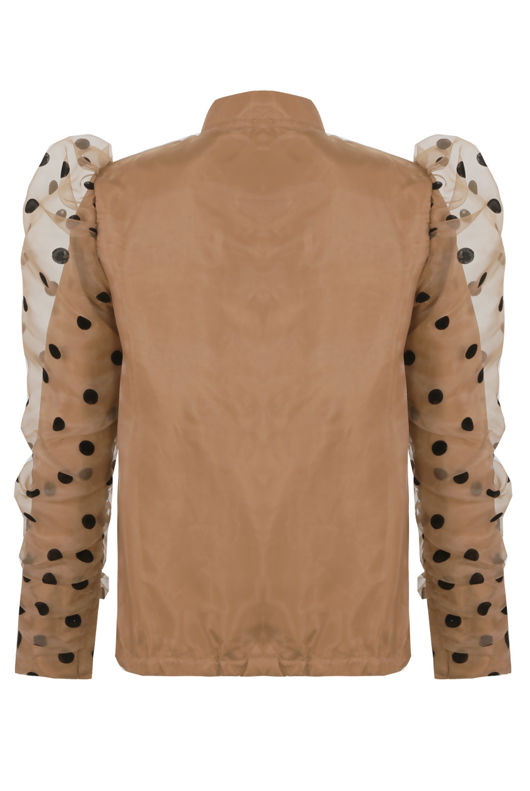 Camel Polka Dot Mesh Sleeve Bomber Jacket