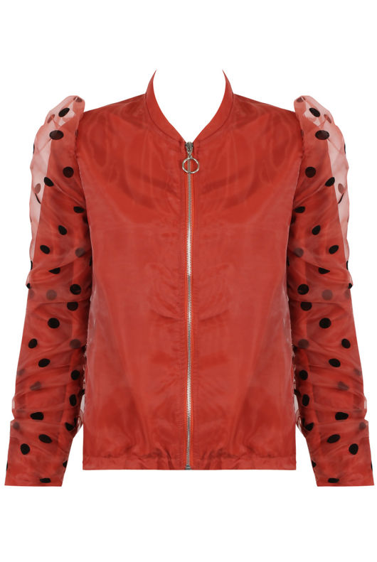 Rust Polka Dot Mesh Sleeve Bomber Jacket 