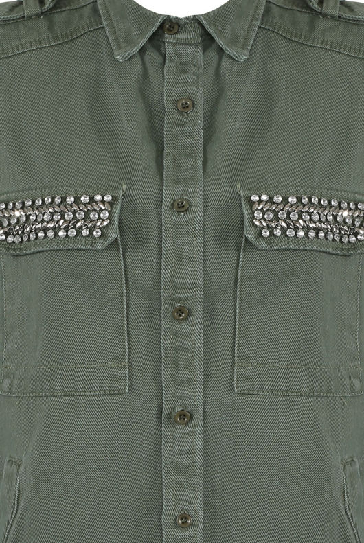 Khaki Metallic Trim Front & Side Pocketed Denim Jacket