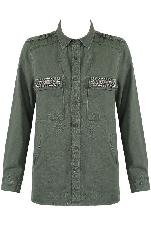 Khaki Metallic Trim Front & Side Pocketed Denim Jacket