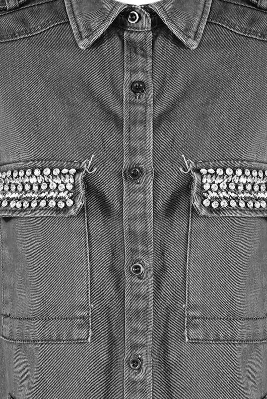 Grey Metallic Trim Front & Side Pocketed Denim Jacket