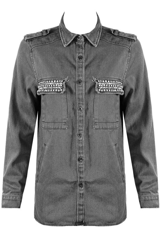 Grey Metallic Trim Front & Side Pocketed Denim Jacket