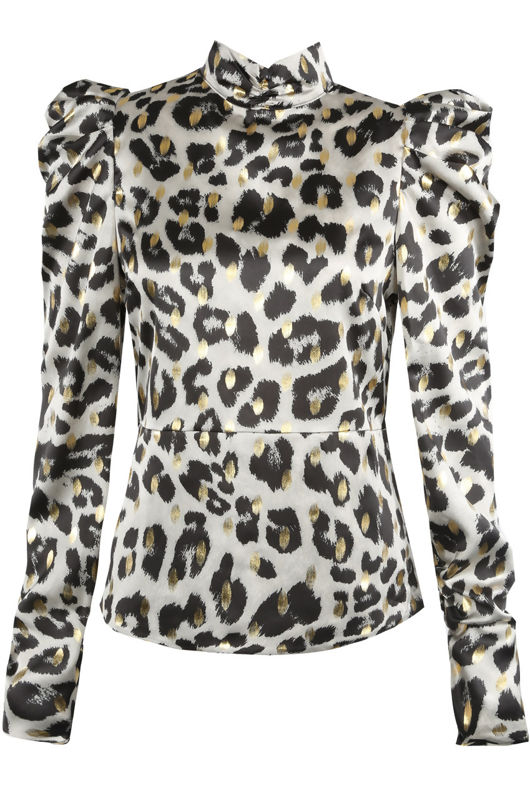 Silver Leopard Mock Neck Puffed Sleeves Tops