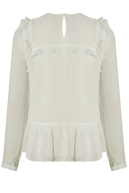White Contrast Floral Embroidery Frilled Tops