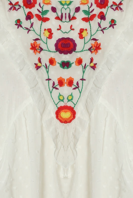 White Contrast Floral Embroidery Frilled Tops