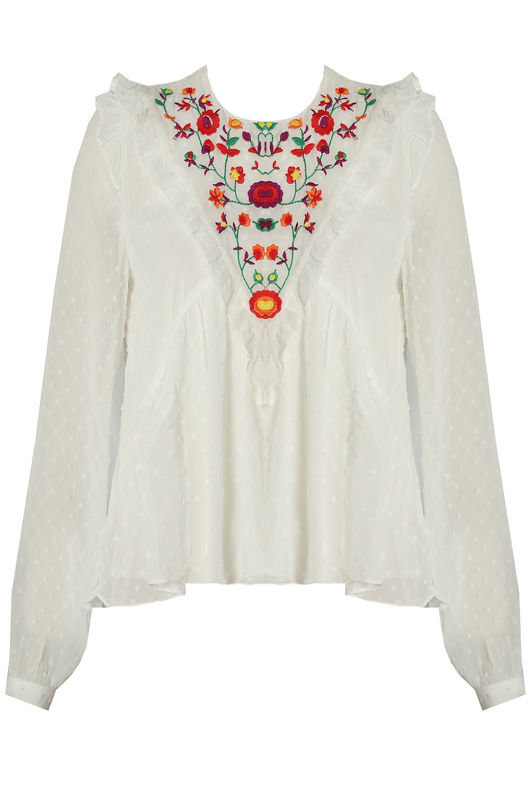 White Contrast Floral Embroidery Frilled Tops