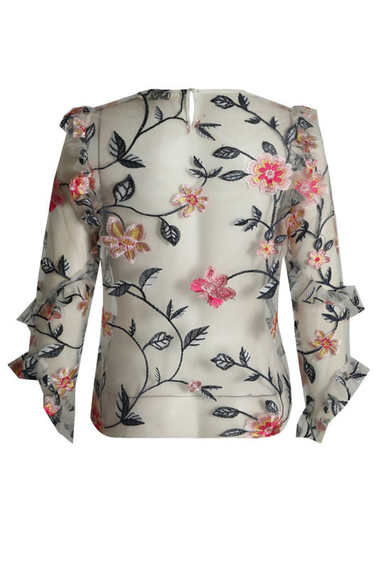 White Netted Flower Embroidery Tops
