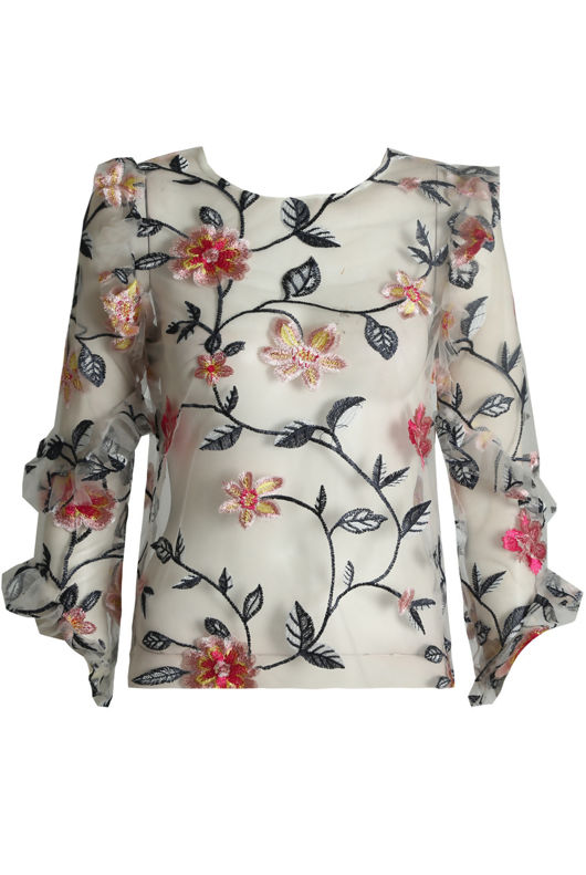 White Netted Flower Embroidery Tops