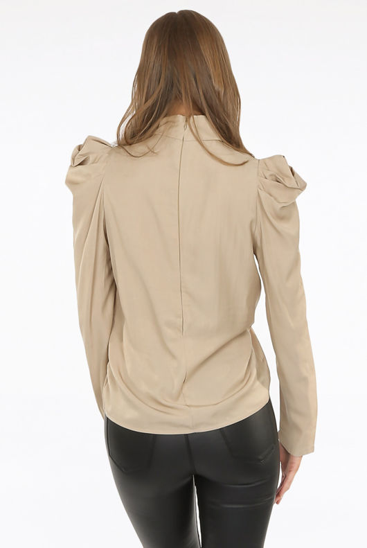 Beige Front Ruched High Neck Tops