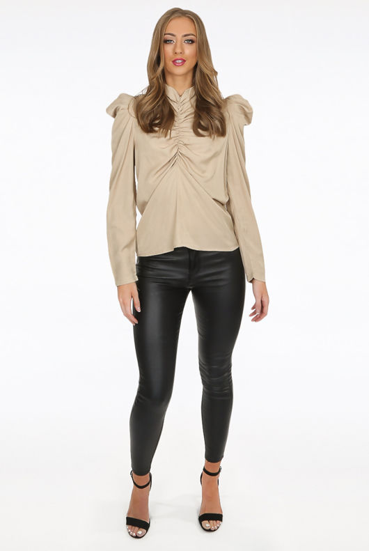 Beige Front Ruched High Neck Tops