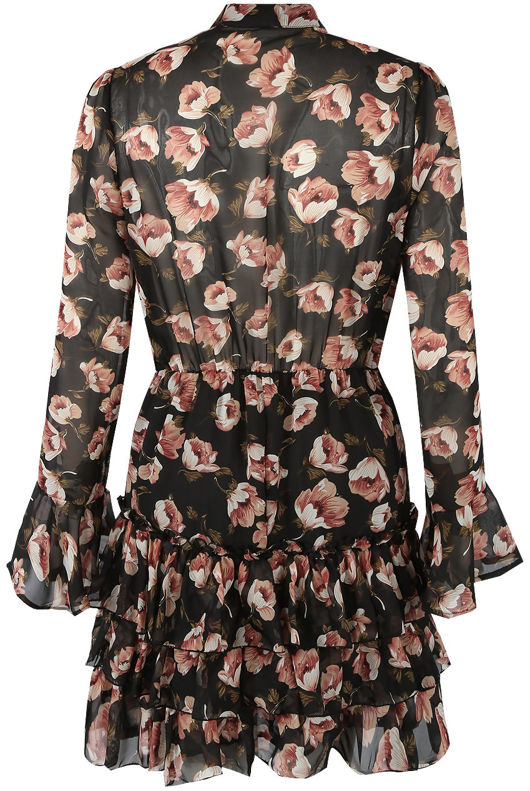 Black Floral Chiffon Tie Neck Dress