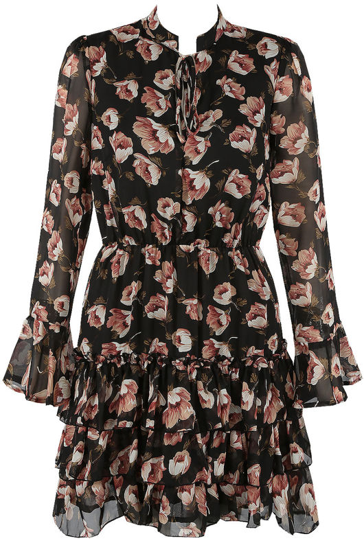 Black Floral Chiffon Tie Neck Dress