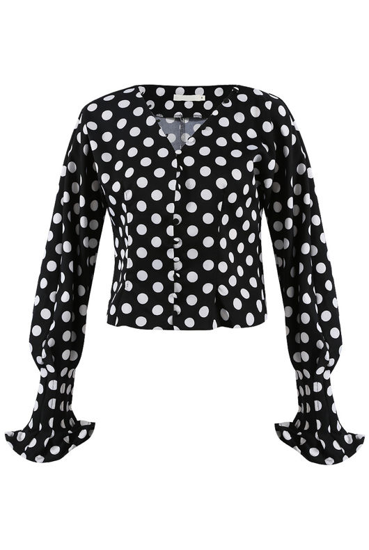 Black Ruched Polka Dot Toggle Button Top