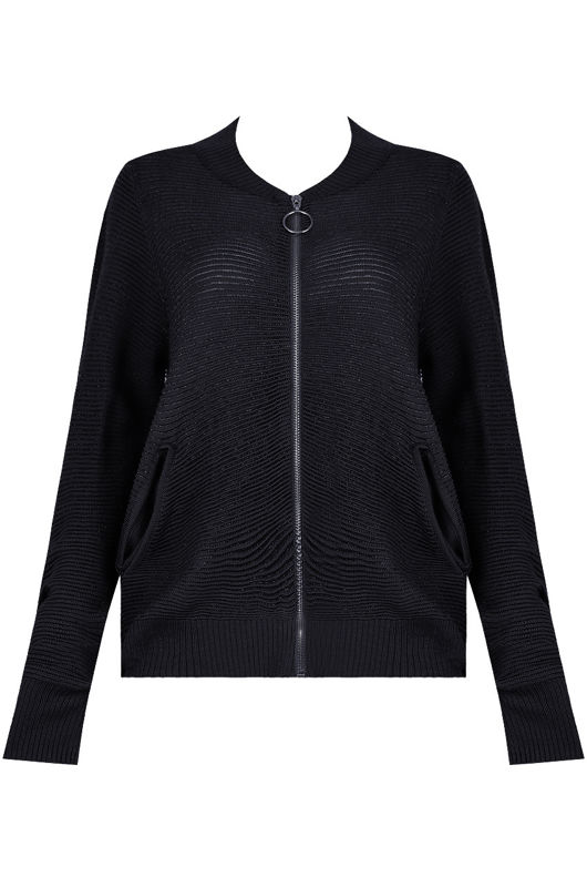 Black Ribbed Front Zip Up Knitted Jumpers