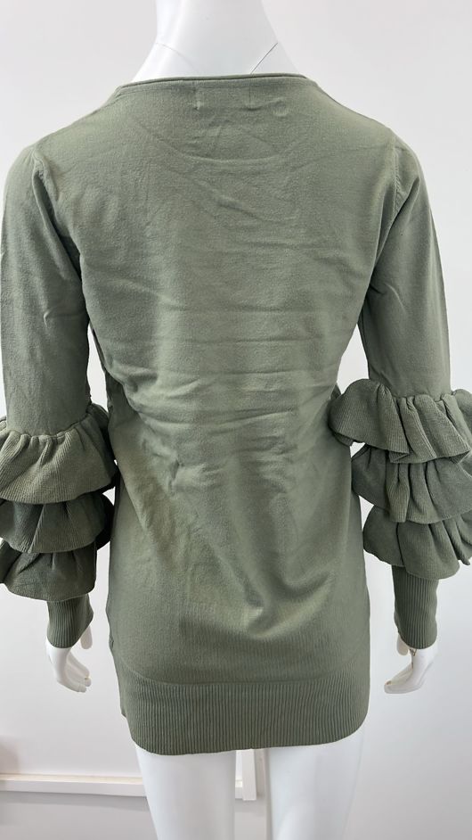 Green Ribbed Layered Sleeve Knitted Midi Dress