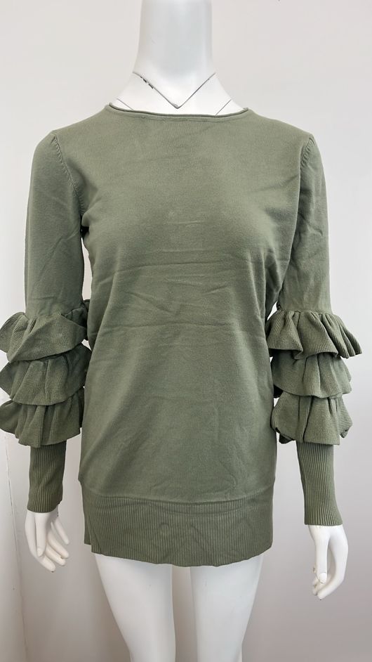 Green Ribbed Layered Sleeve Knitted Midi Dress