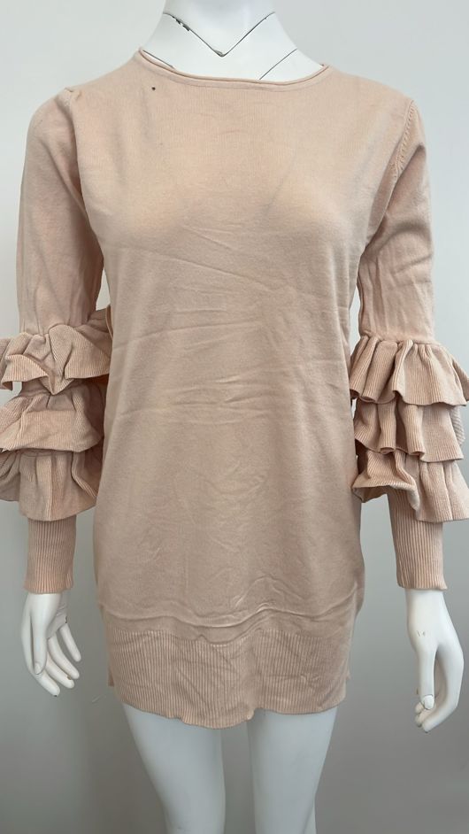 Rose Ribbed Layered Sleeve Knitted Midi Dress