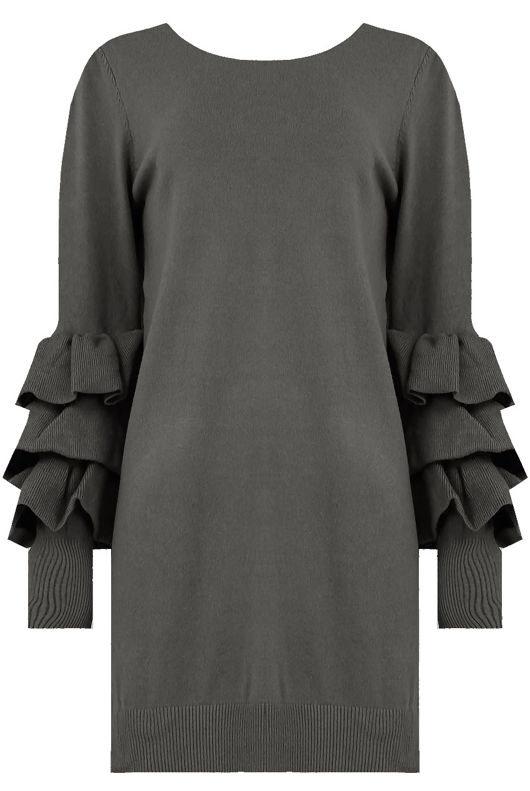 Grey Ribbed Layered Sleeve Knitted Midi Dress