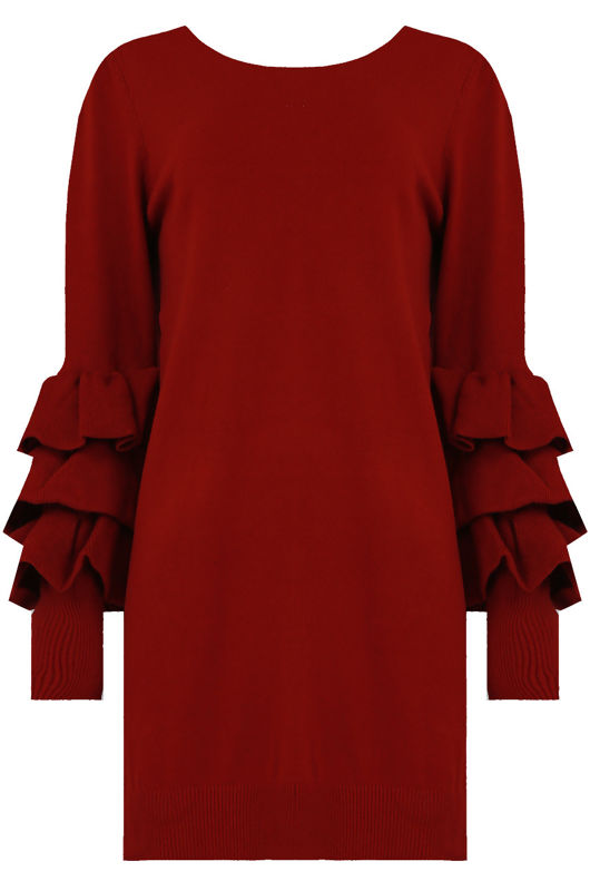 Wine Ribbed Layered Sleeve Knitted Midi Dress