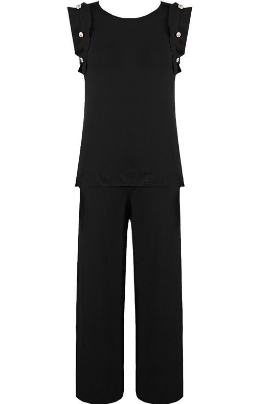 Black Frill Button Trim Top & Trouser Co-Ord