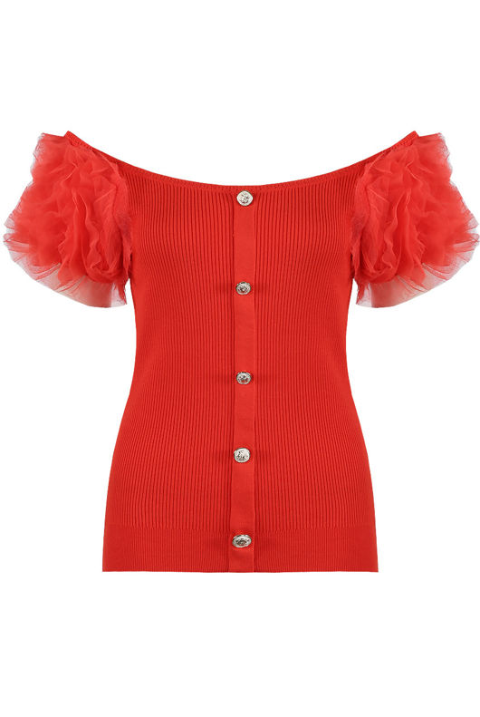 Ribbed Tulle Sleeves Bardot Top