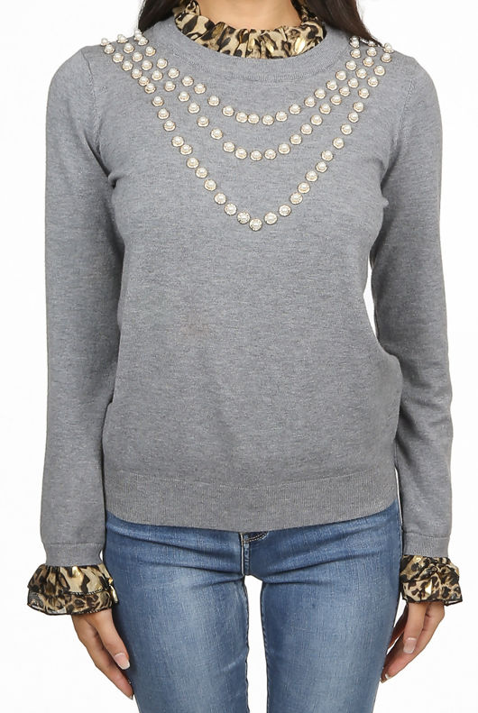 Grey Pearls Trim Leopard Pleat Bib Collar Jumper
