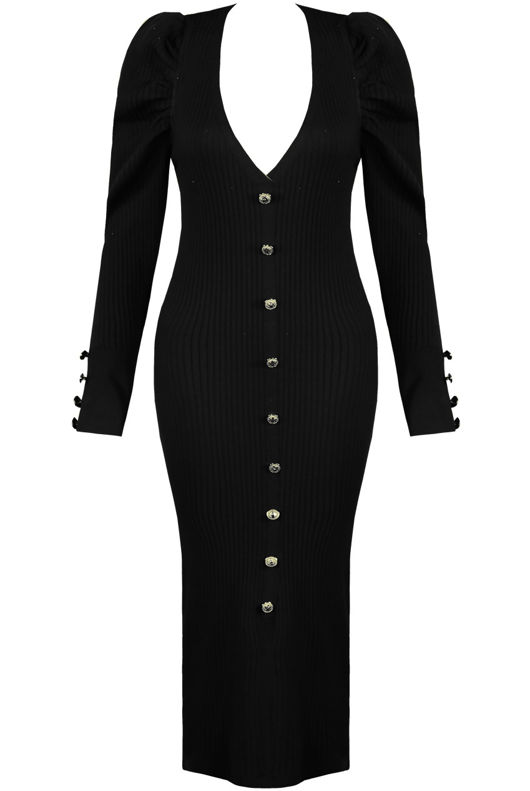  Ribbed Puff Sleeves Pencil Dress