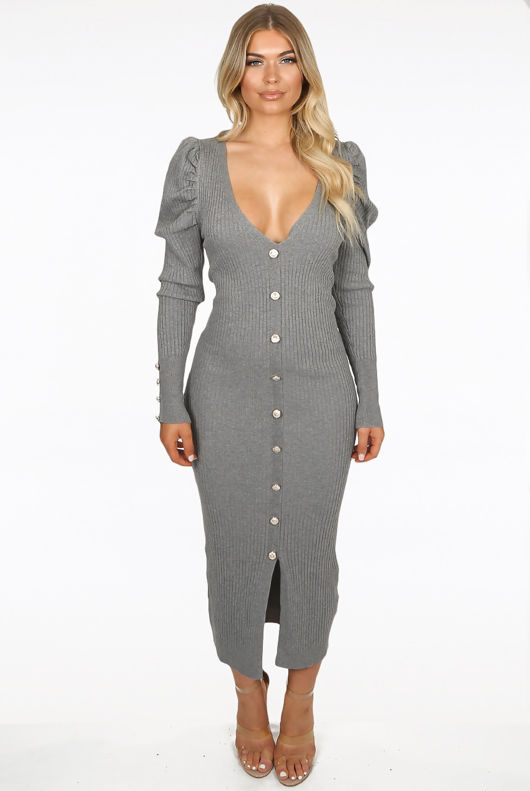  Ribbed Puff Sleeves Pencil Dress