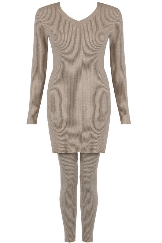 Taupe Knitted V Neck Jumper & Trouser Set