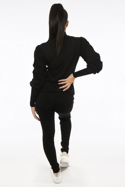 Black Ruched Puff Sleeves Loungewear Set