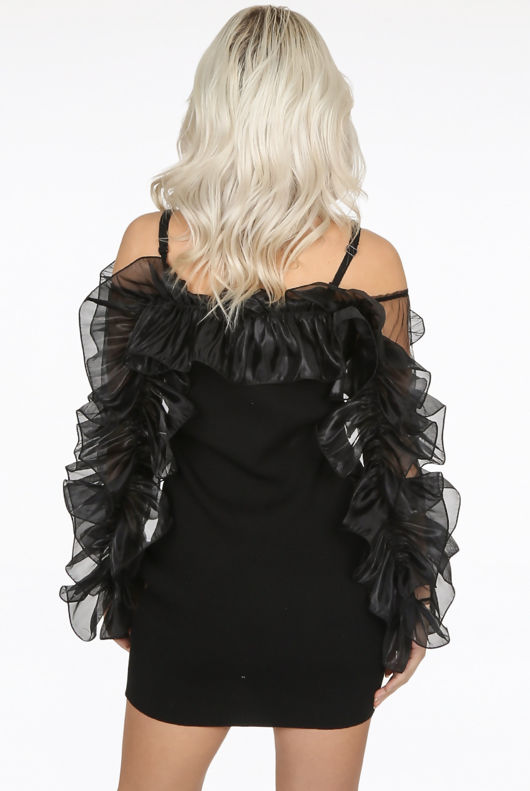 Black Frill Trim Cold Shoulder Ribbed Midi Dress