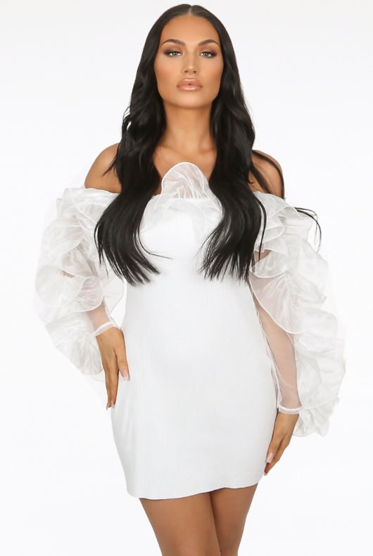 White Frill Trim Cold Shoulder Ribbed Midi Dress